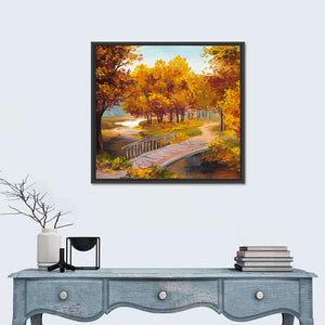 Autumn Forest With River & Bridge Wall Art