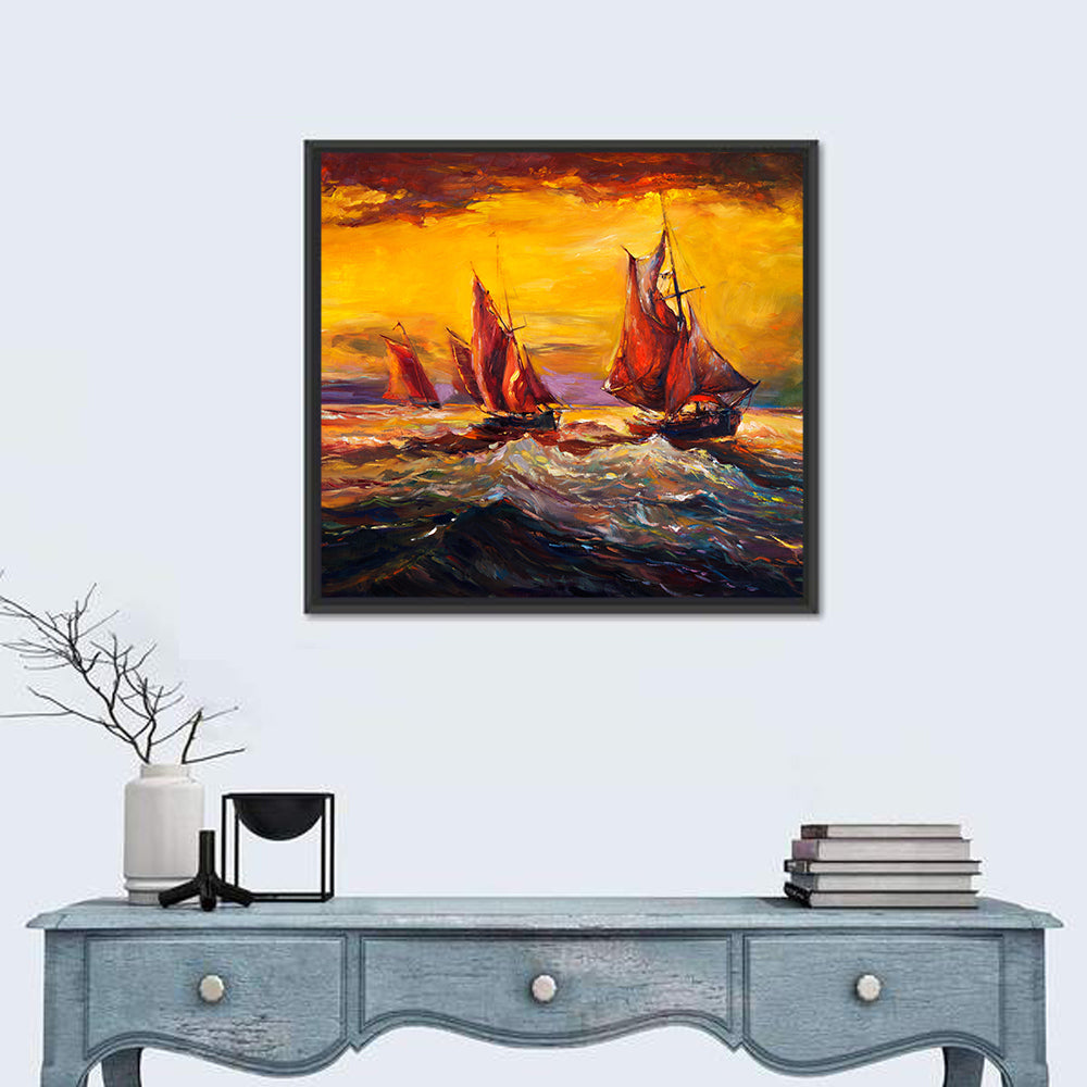Three Sailboats at Sunset Wall Art