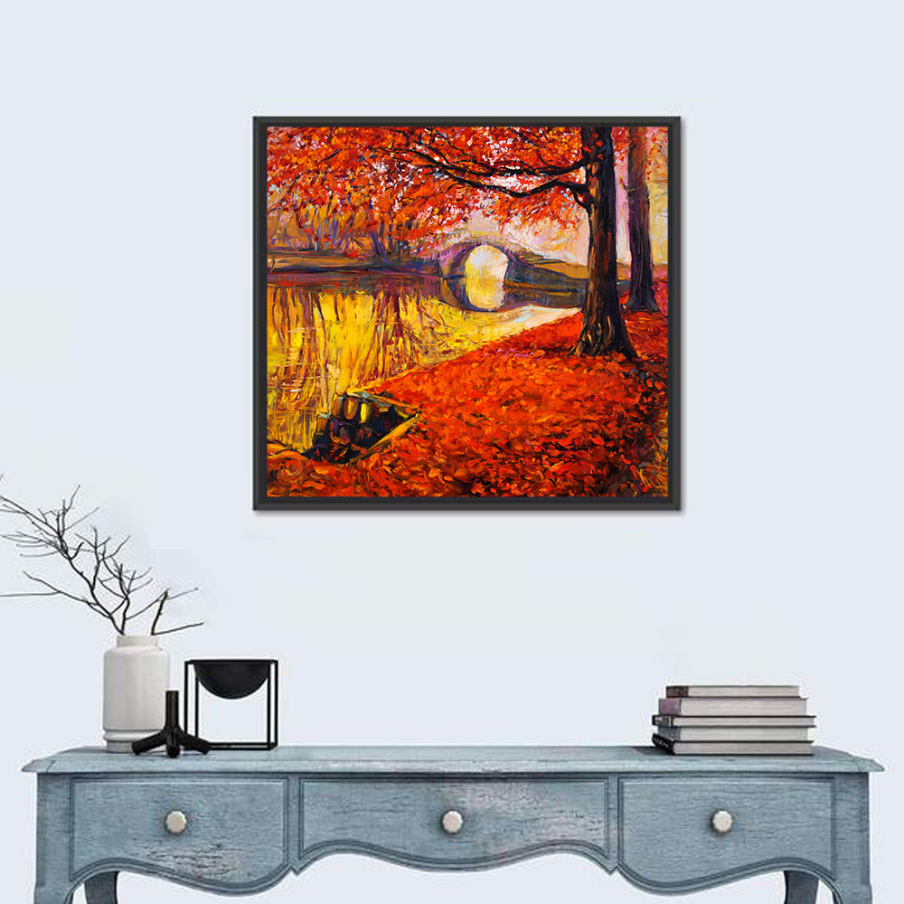 Autumn Bridge Over Golden Lake Wall Art