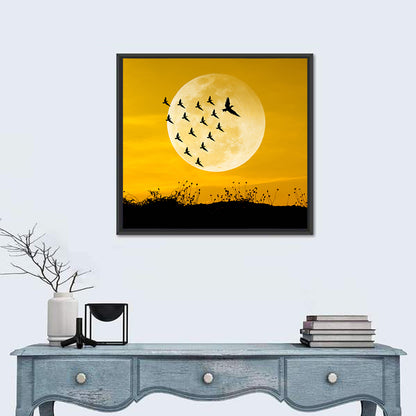 Moonlit Birds Over Wildflowers Wall Art