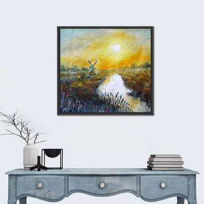 Windmill at Sunrise Over River Wall Art