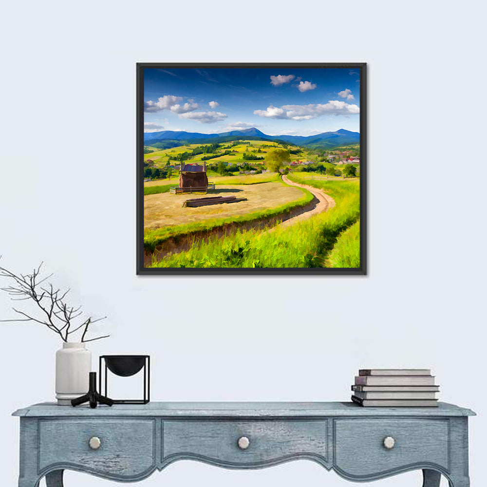 Summer Mountain Village Wall Art in a room, square