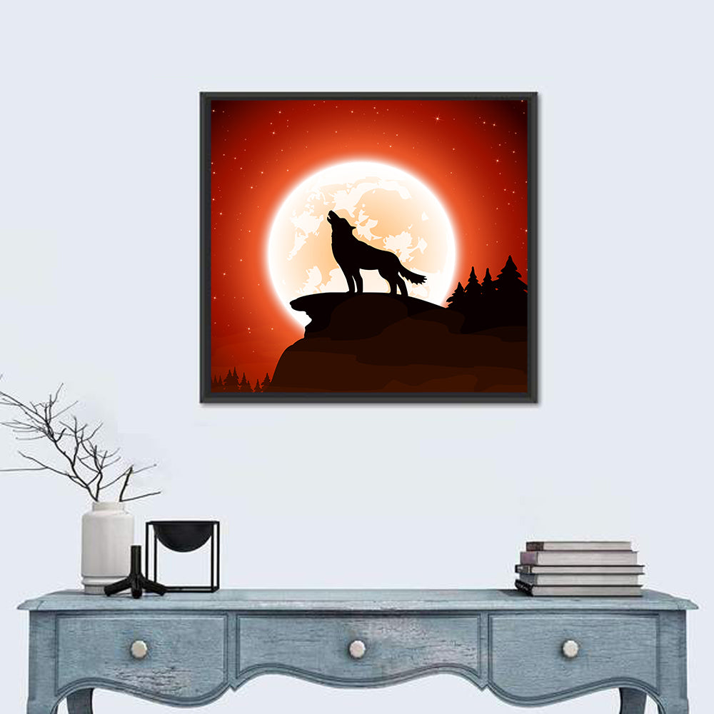 Howling Wolf Under Full Moon Wall Art