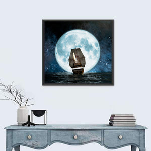 Sea Boat Under Moon Wall Art