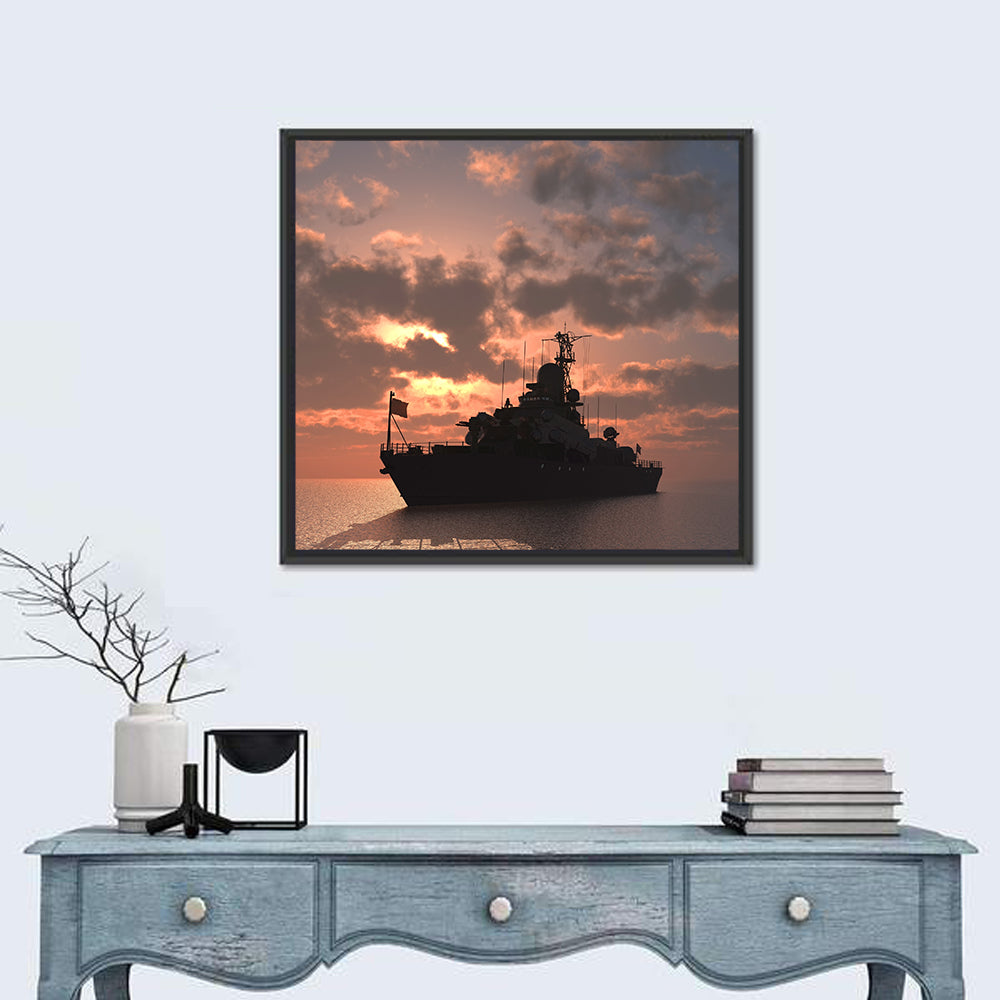 Warship Silhouette at Sunset Wall Art