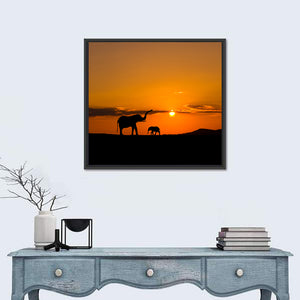 Elephants In Savannah At Sunset Wall Art