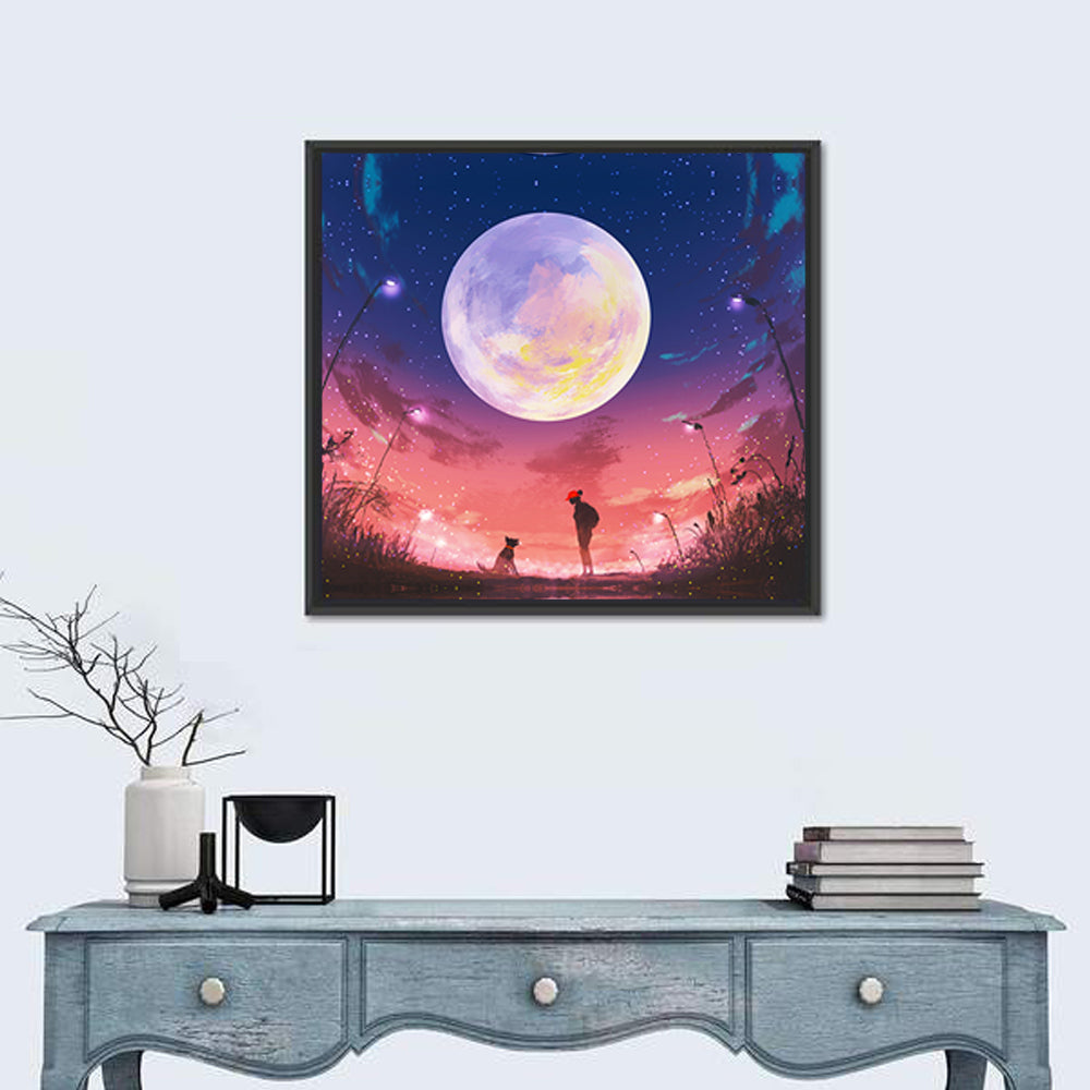 Woman and Dog Beneath Oversized Moon Wall Art