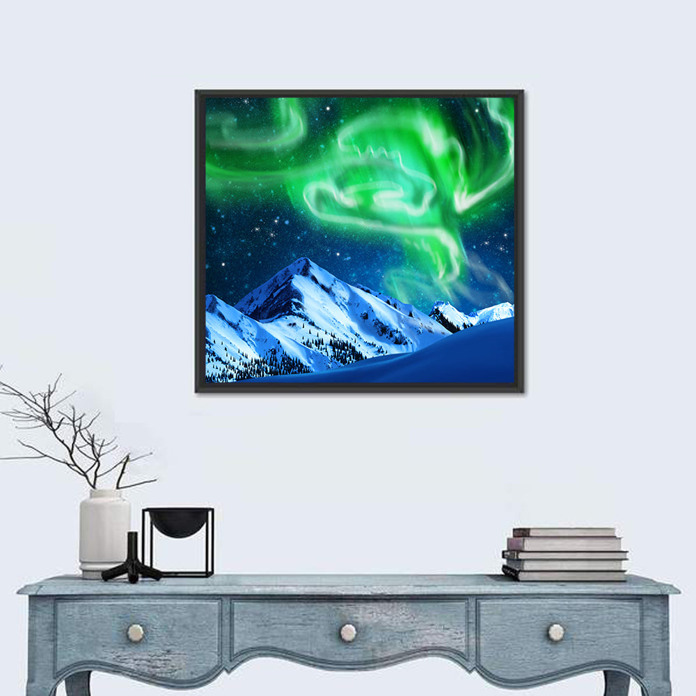 Glowing Aurora Over Snow Capped Mountains Wall Art
