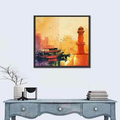 Golden Harbor Lighthouse and Fishing Boat Wall Art