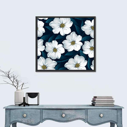 White Flowers on Navy Pattern Wall Art