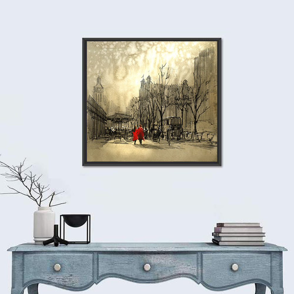 Couple in Red Coats on City Street Wall Art