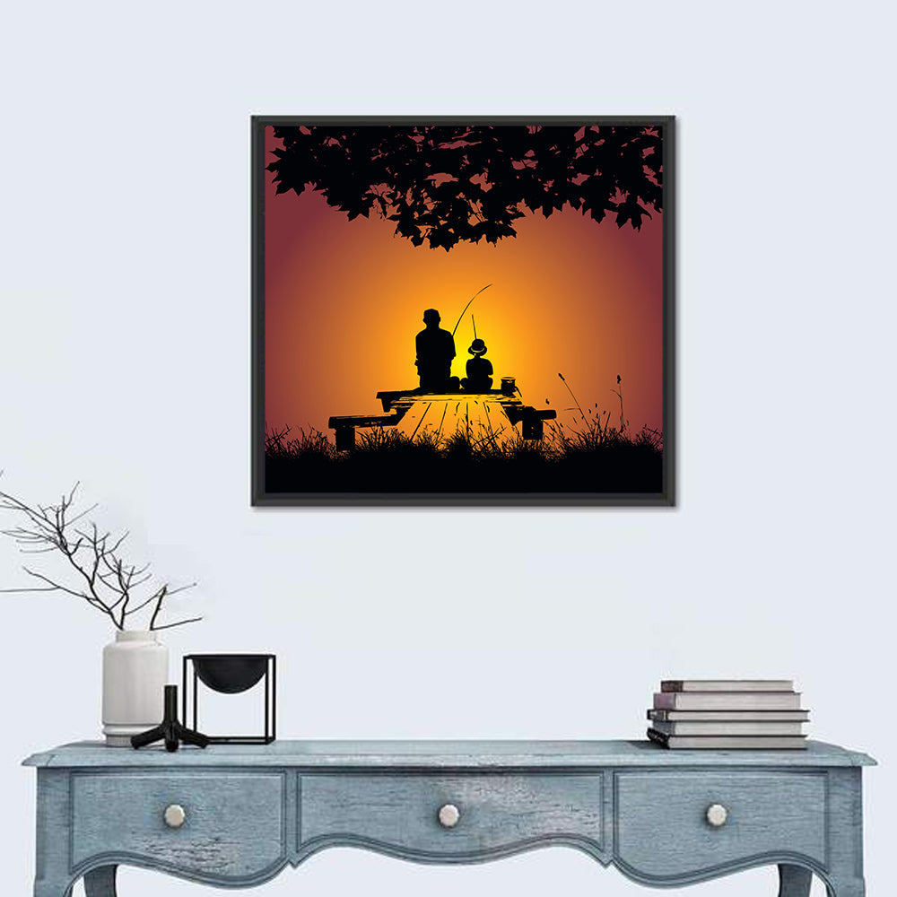 Dockside Sunset Fishing Silhouette Wall Art