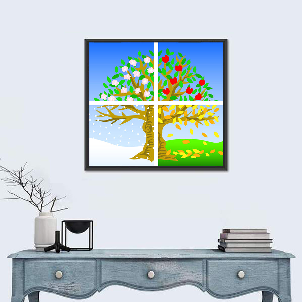 Four Seasons Tree Illustration Wall Art in a room, square