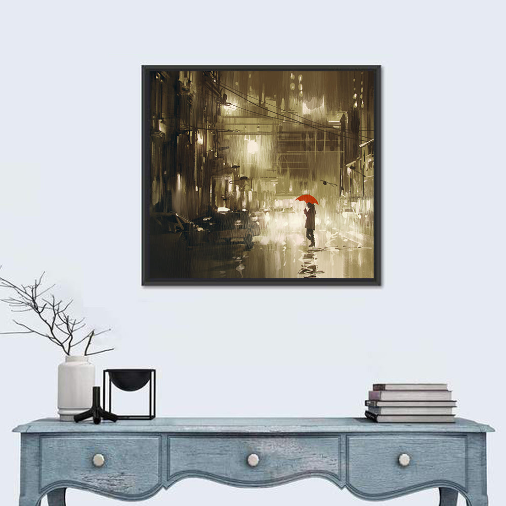 Red Umbrella on Rainy City Street Wall Art