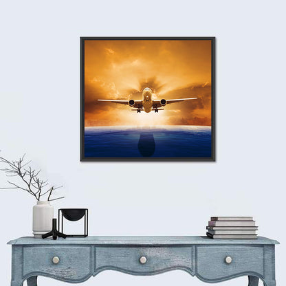 Landing Jet Over Ocean at Sunset Wall Art