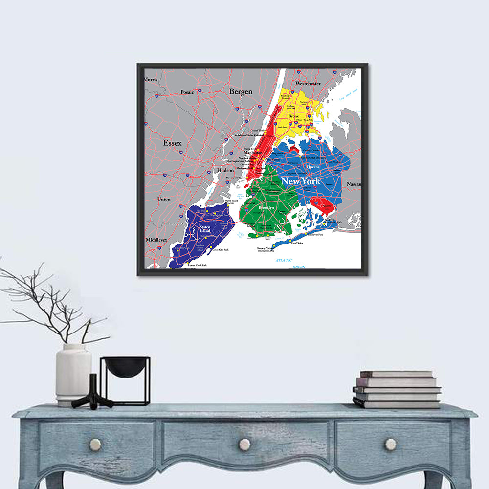 Color-coded New York City Map Wall Art