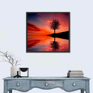 Leafless Tree Near Lake Sunset Wall Art