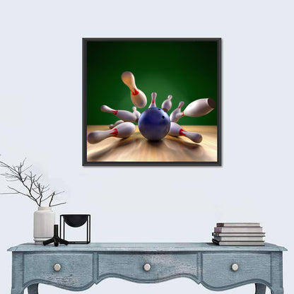Blue Bowling Ball Hitting Pins Wall Art