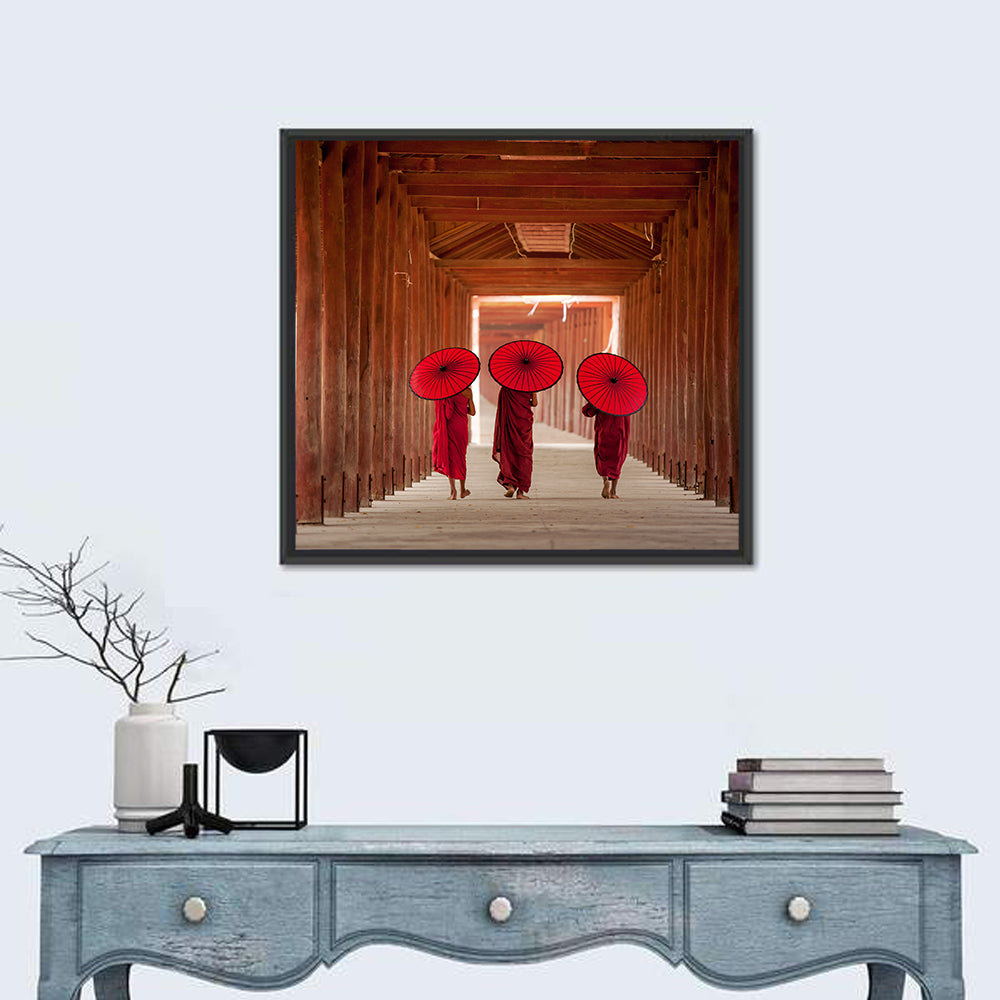 Novice Monks with Red Umbrellas Wall Art