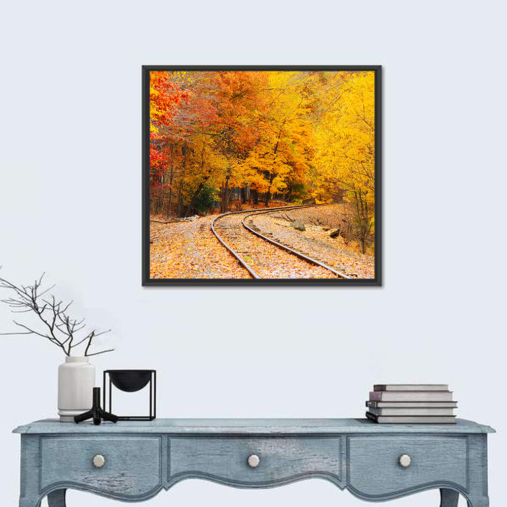 Curving Railroad Through Autumn Forest Wall Art