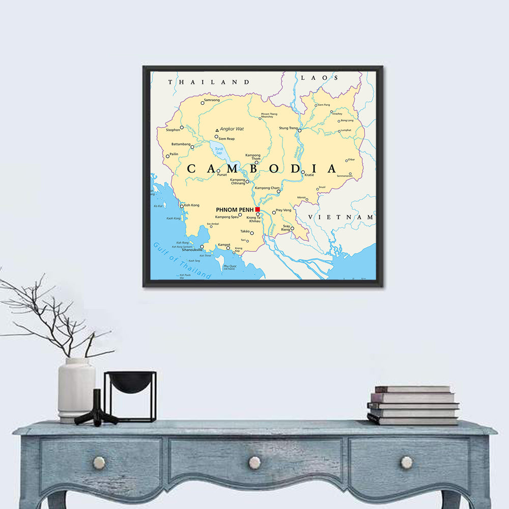 Minimalist Cambodia Political Map Wall Art in a room, square
