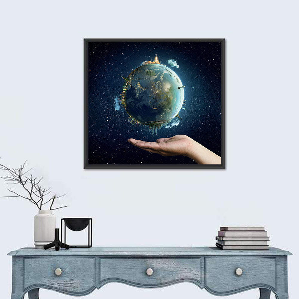 Earth Cradled in Palm with City Lights Wall Art