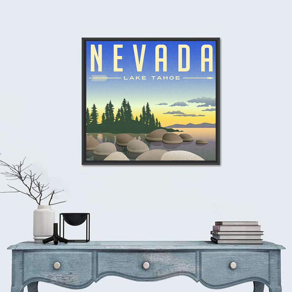 Lake Tahoe Vintage Travel Wall Art in a room, square