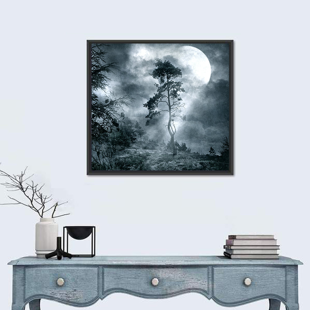 Gothic Moonlit Tree Wall Art in a room, square