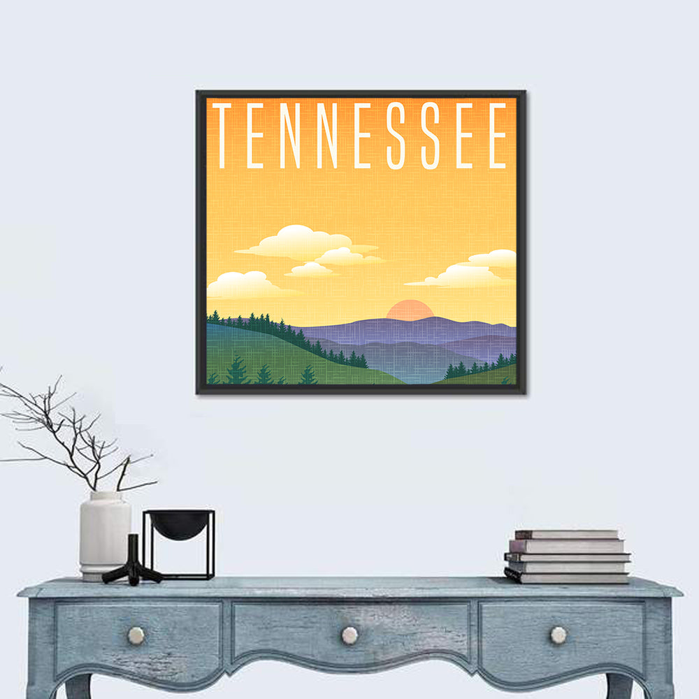 Tennessee Sunset Travel Illustration Wall Art in a room, square