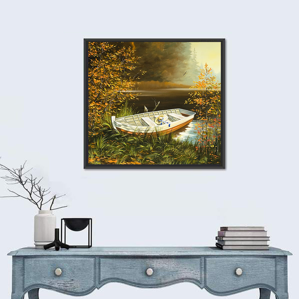 Boat with Straw Hat on Lake Bank Wall Art