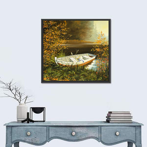 Wooden Boat On Bank Of Lake Wall Art