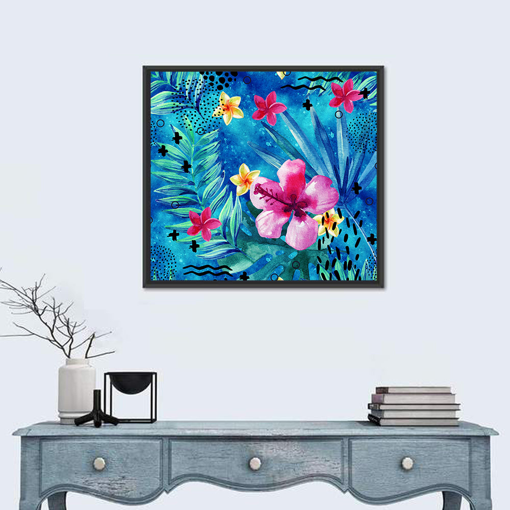 Summer Hibiscus and Frangipani Abstract Wall Art in a room, square