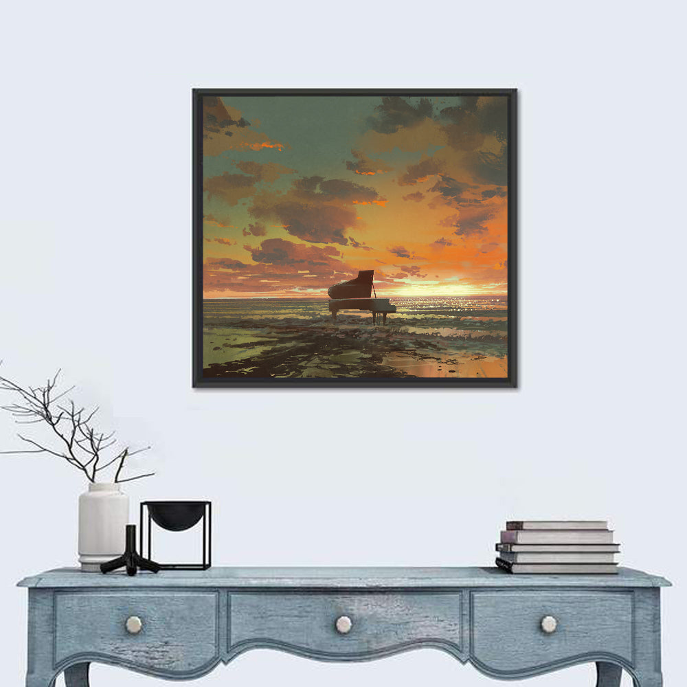 Piano on the Beach at Sunset Wall Art