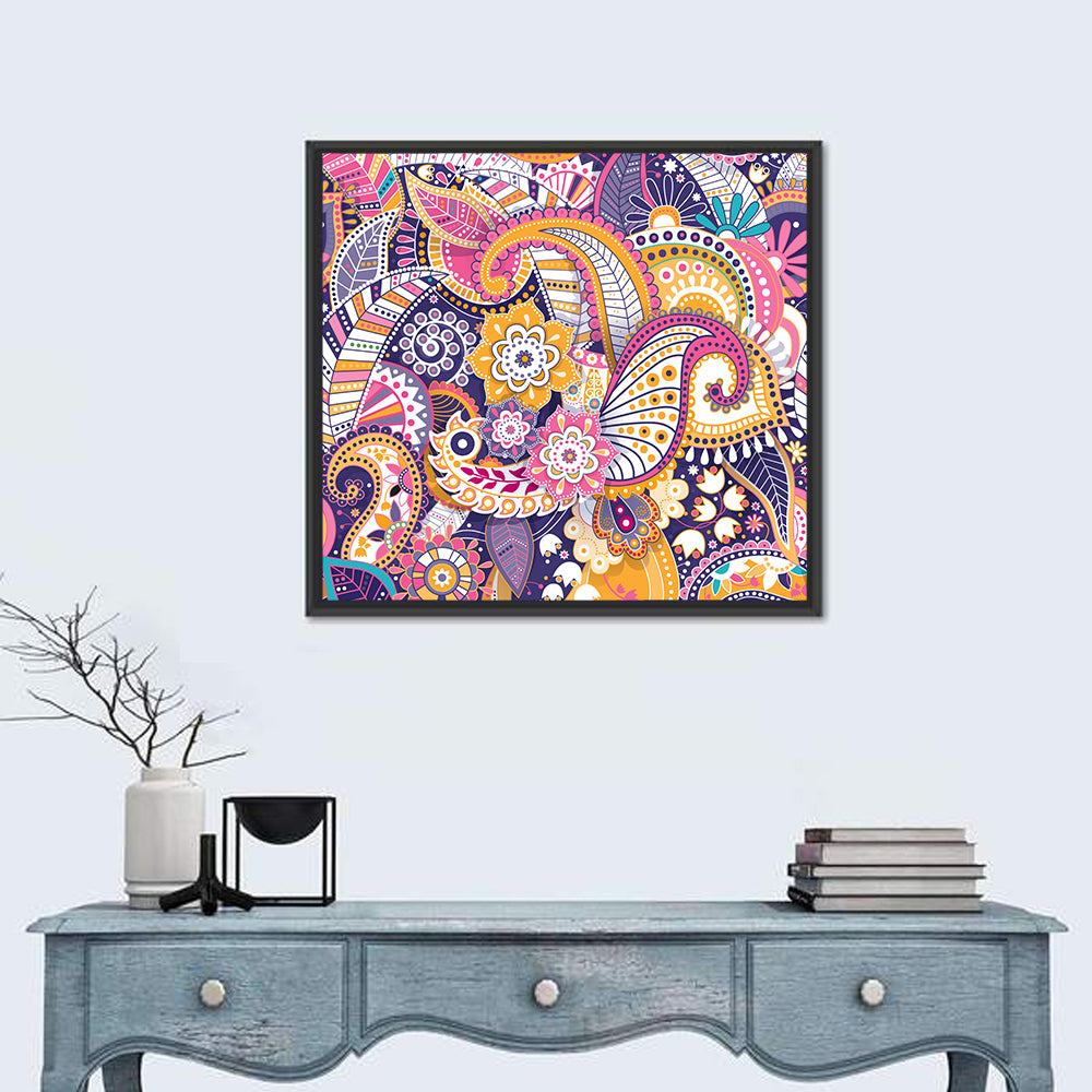Indian Ornamental Paisley Pattern Wall Art in a room, square