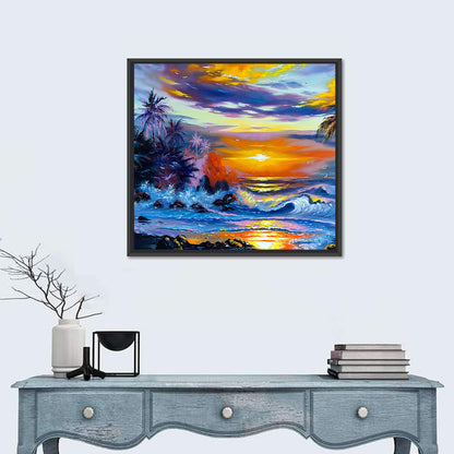 Evening Coastal Sunset with Palm Silhouettes Wall Art