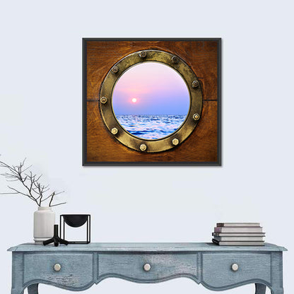 Brass Porthole with Sunset Horizon Wall Art
