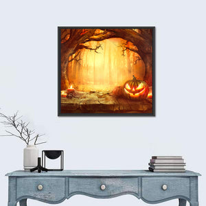 Halloween Pumpkin In Dark Forest Wall Art