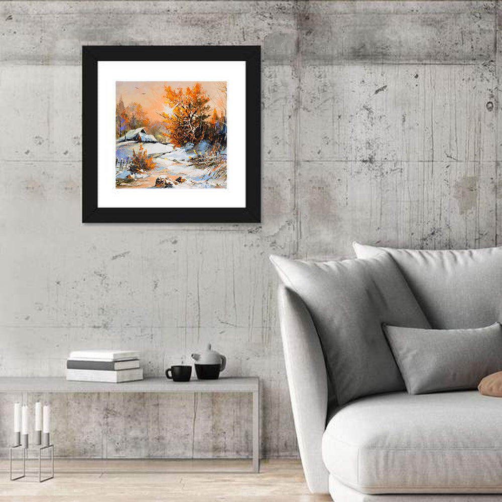Snowy Cottage at Golden Hour Wall Art