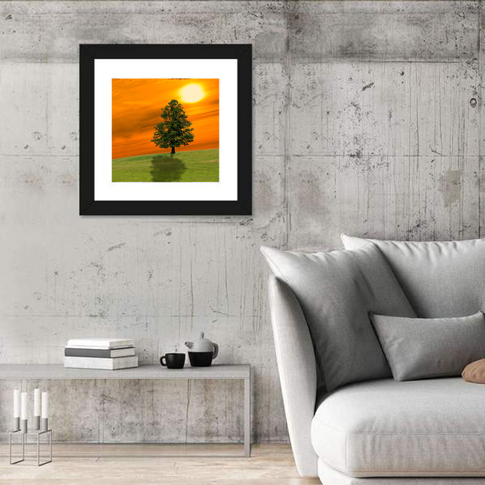 Lonely Tree on Green Hill at Sunset Wall Art