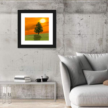 Lonely Tree on Green Hill at Sunset Wall Art