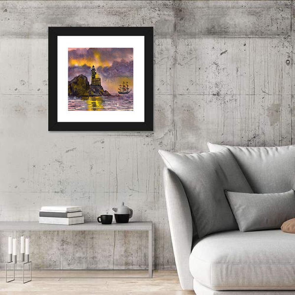 Lighthouse and Sailing Ship at Dusk Wall Art