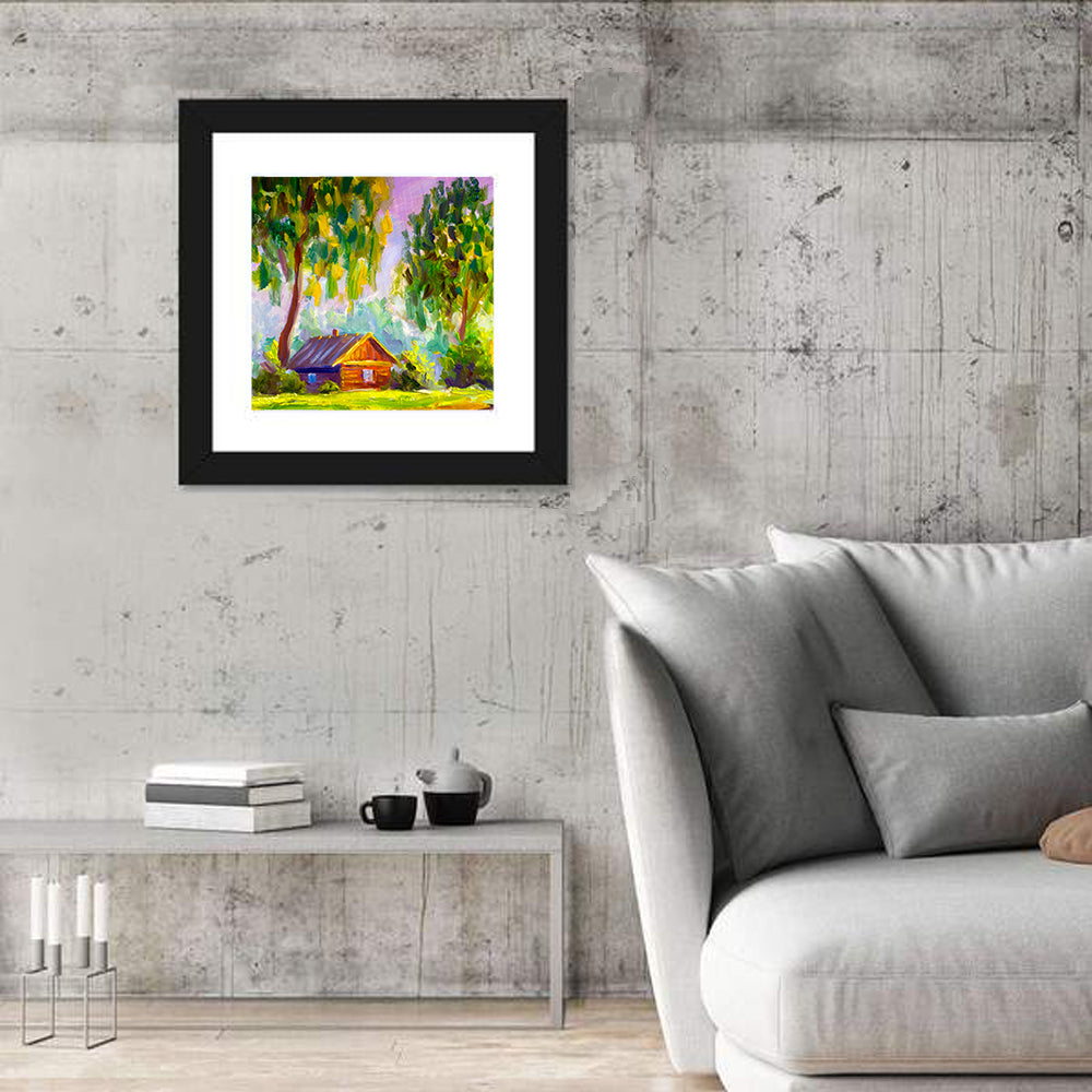 Impressionist Log Cabin in Green Forest Wall Art