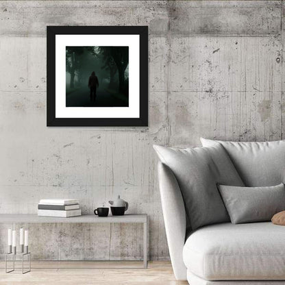 Hooded Silhouette on Foggy Forest Road Wall Art