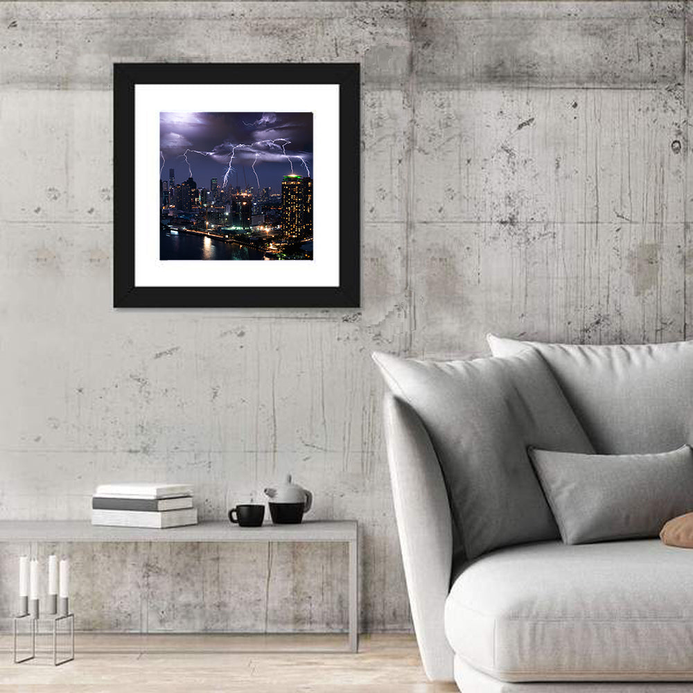 Night Lightning Over River Skyline Wall Art