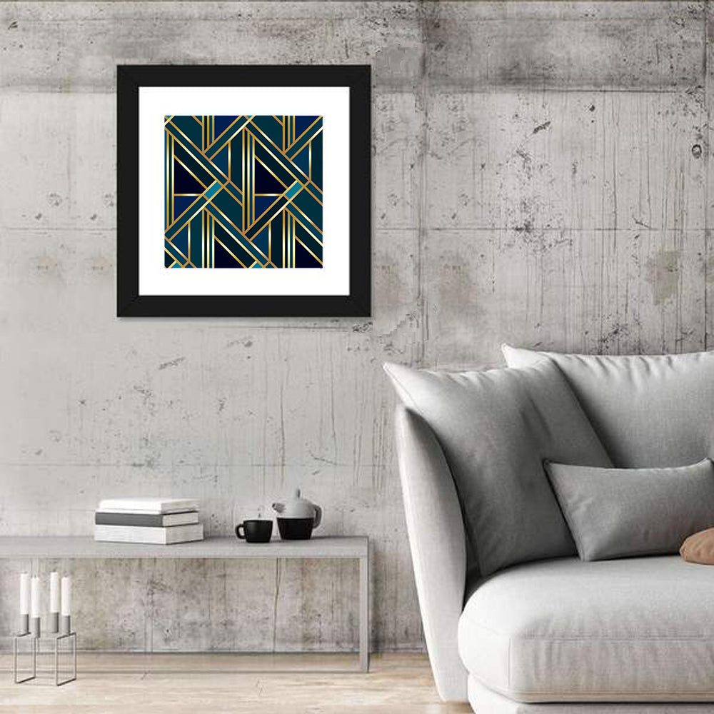 Blue and Gold Geometric Pattern Wall Art in a room, square