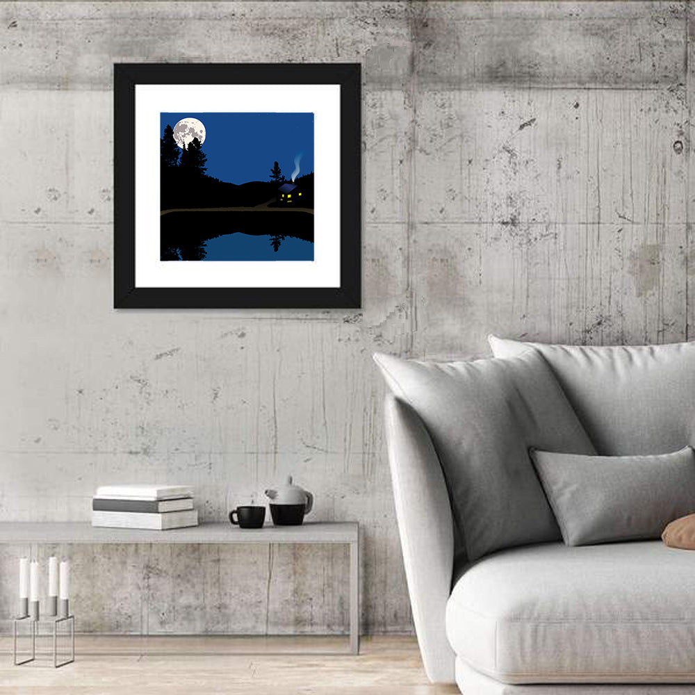 Moonlit Cabin on Mountain Lake Canvas Wall Art in a room, square