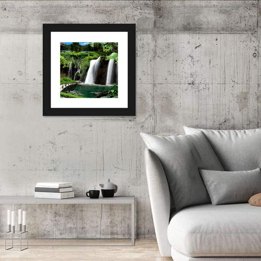 Wooden Bridge and Forest Waterfall Wall Art