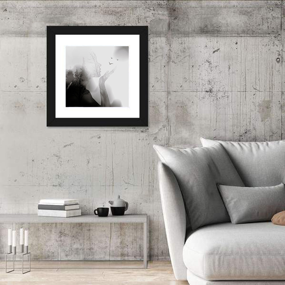 Woman Profile Forest Double Exposure Wall Art in a room, square