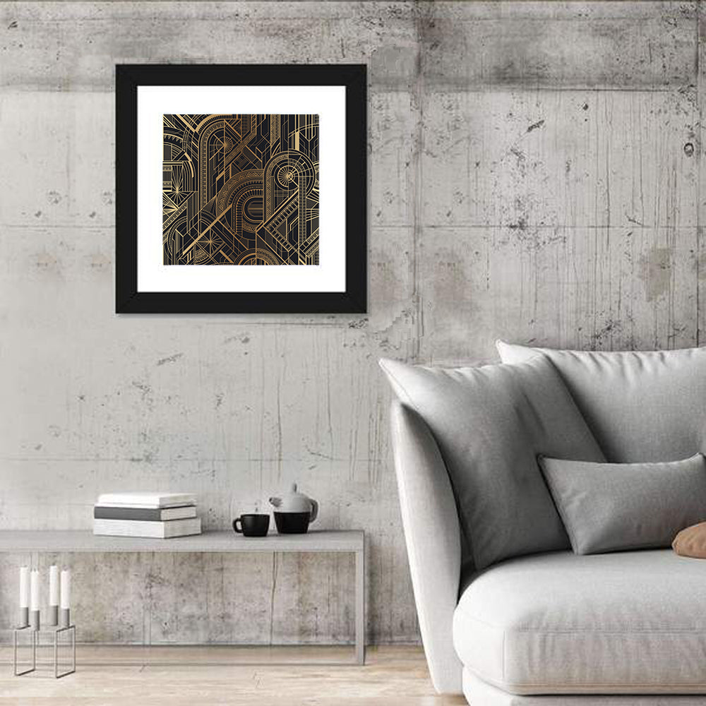 Black and Gold Circle Ornament Pattern Wall Art in a room, square