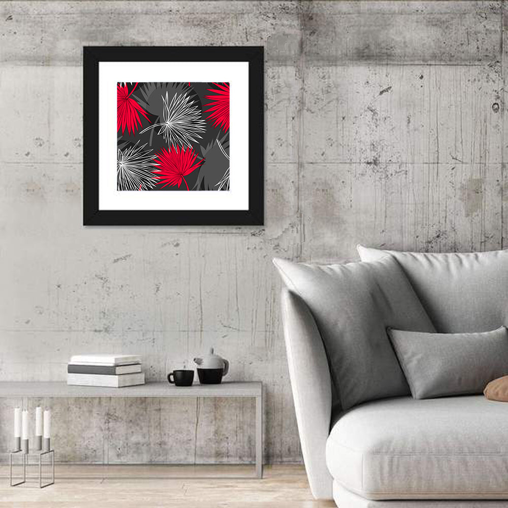 Red Palm Leaf Pattern Wall Art in a room, square